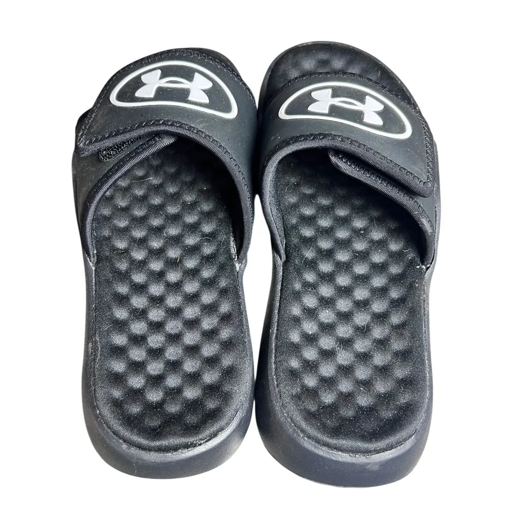 Under‎ Armour Kids Black Slides Sandals Adjustable Hook and Loop Closure Size 3Y